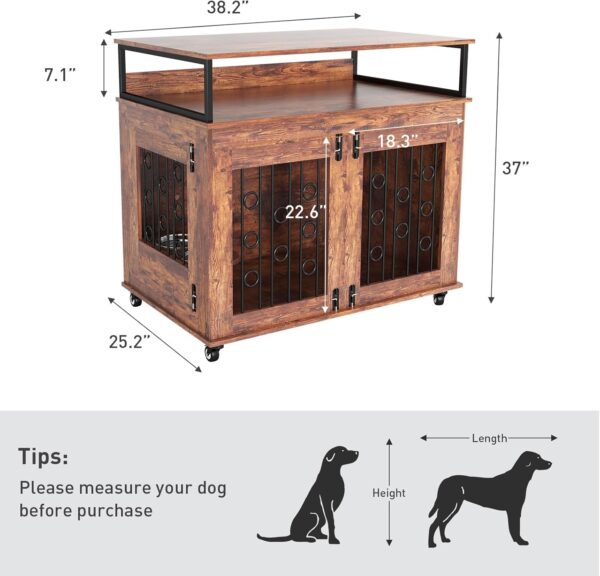 Bonzy Home Dog Crate Furniture for Medium Dogs, Wooden Indoor Dog Kennel, Decorative Dog Crate End Table with Lockable Wheels, Double Doors, 2 Stainless Steel Bowls and Storage Shelves - Image 2