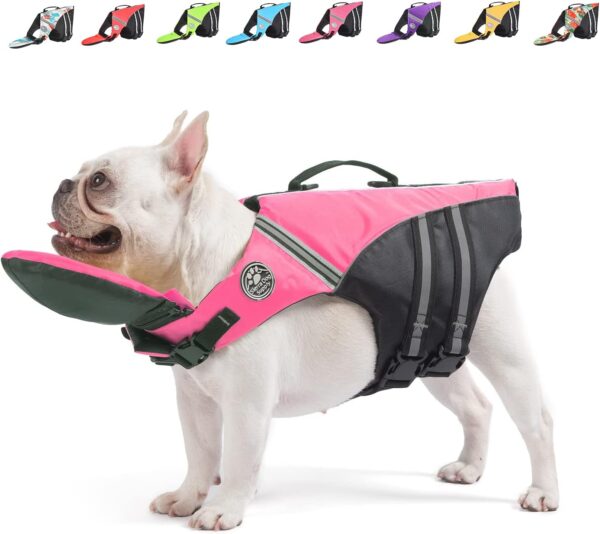 Dog Life Jacket, Reflective Dog Life Vest with Removable Neck Float & High Buoyancy for Swimming and Boating, Ripstop Pet Safety Swimsuit Rescue Handle for Small Medium Large Dogs pink