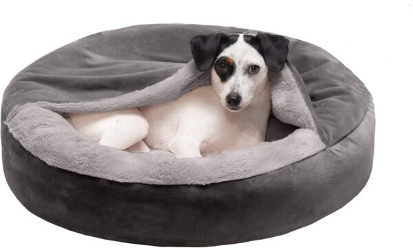 Furhaven 24" Round Calming Donut Dog Bed for Indoor Cats & Small Dogs, Washable, For Dogs Up to 20 lbs - Plush Velvet Waves Hooded Donut Bed - Dark Gray, Small