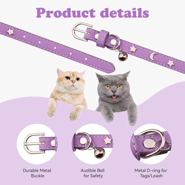 2PCS Leather Cat Collars,Cat Collar with Bells Stylish Moon & Star Rivets Adjustable Kitten Collars Cat Collar for Girl Cats,Purple&Pink(XS) - Image 3