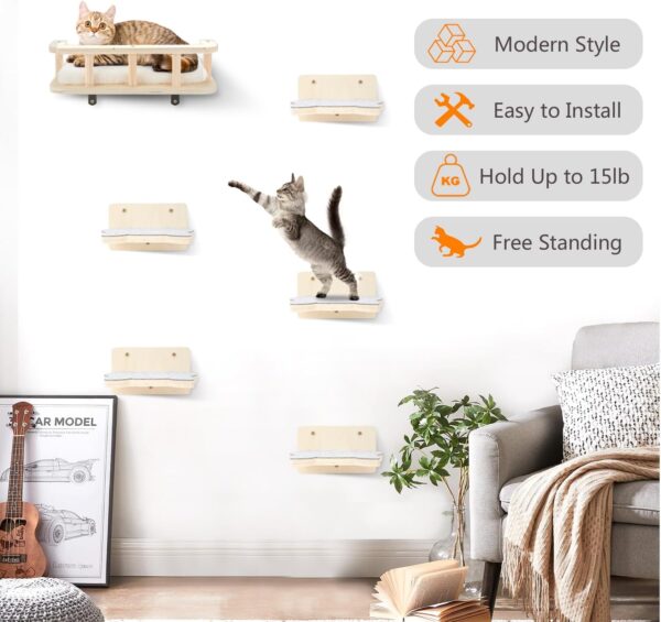 Cat Wall Shelves with 5 Steps, Cat Shelves and Perches for Wall, Cat Wall Furniture Cat Climbing Shelf for Indoor with Plush Covered, Gift for Medium/Small Cat (Gray Steps, 1pack) - Image 5