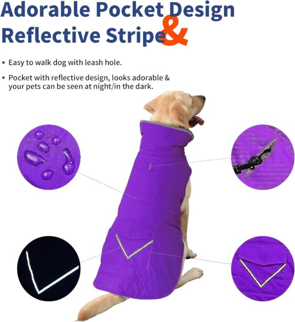 Dog Coat, Waterproof Dog Winter Jacket with Pocket, Reflective Adjustable Dog Snow Vest, Warm Cozy Fleece Sweater for Small Medium Extra Large Dogs - Purple, S - Image 3