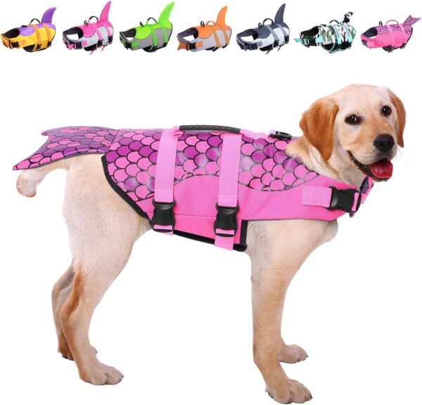 ASENKU Dog Life Jacket Pet Life Safety Vest for Swimming Boating, Dog Shark Life Jackets Dog Lifesavers Swimsuits for Pool, Dog Water Floatation Vest for Small Medium Large Dogs, Mermaid Pink, Small