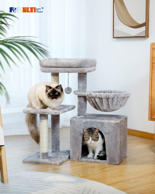 PEQULTI Small Cat Tree, [28.5''] Cat Tower for Indoor Cats, 2 Styles Cat Activity Tree with Cat Scratching Posts, Big Hammock and Removable Top Perch Grey - Image 8