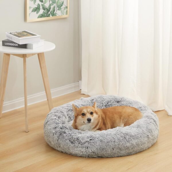 Calming Donut Dog Bed, 30 Inches Round Fluffy Dog Beds for Medium Dogs, Anti-Anxiety Plush Dog Bed, Machine Washable Pet Bed (Dark Grey, Medium) - Image 2