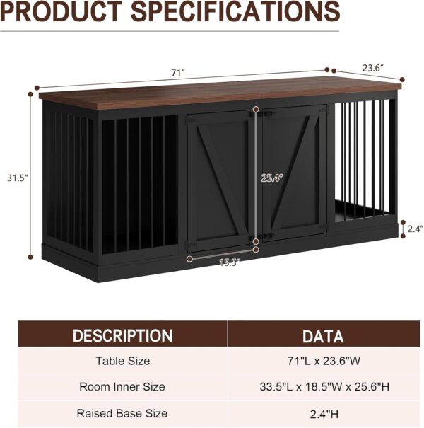 Dog Crate Furniture - Indoor Wooden Dog Kennel Furniture with Room Divider - 71"x23.6"x31.5"H, Black - Image 6