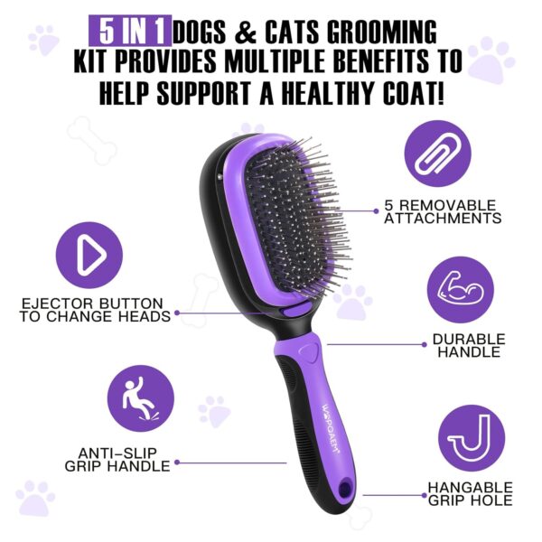 5 in 1 Pet Grooming Kit for Long Short Haired Dogs & Cats. Dog Brush Set for Small & Large Breeds. Gentle Detangling, Smoothing, Relaxation, Tangle Removal & Shedding Control. Purple - Image 2