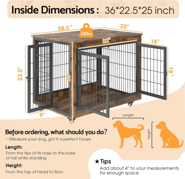 Dog Crate Furniture with Flip-Top, 38 Inch Double Doors Heavy Duty Dog Kennel Indoor with 360° Wheels End Table，Decorative Pet Cage Wooden Dog House for Large/Medium/Small Dog - Image 11