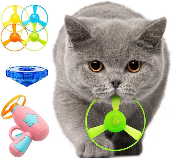 Cat Fetch Toy, Interactive Flying Cat Toy with 1 Light Up Spinning Tops, 1 LED Flying Propellers and 4 Flying Propellers, Dog Cat Kitten Tracks Toy for Training Hunting Chasing(Pink)