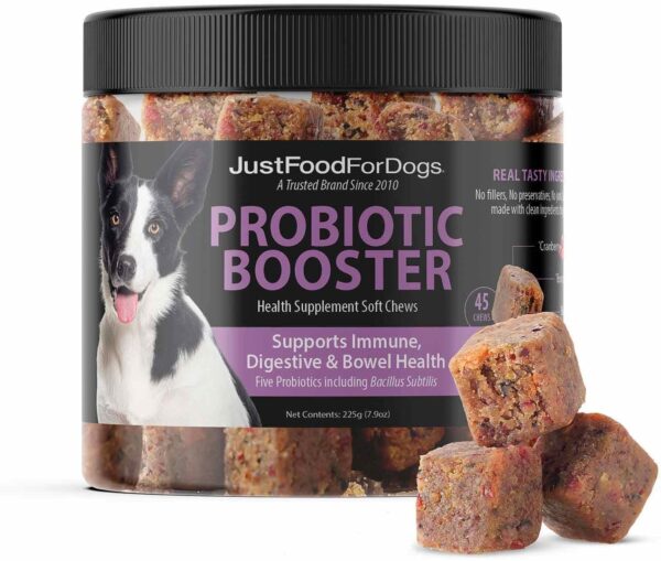 JustFoodForDogs Probiotic Booster Gut Health Soft Chews Supplement for Dogs, Digestive Health Support, Diarrhea, Human Grade Ingredients - 45 count