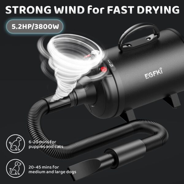 Dog-Hair-Dryer, 5.2HP/ 3800W High Velocity Pet Blow Dryer with Heater for Grooming, Speed Temperature Adjustable Dog Blower Grooming Dryer with 4 Nozzles - Image 3