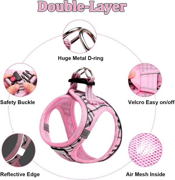 Dog Harness and Leash Set, Step-in Breathable Reflective Puppy Cat Dog Vest Harnesses for Small Medium Dogs (Pink Plaid, XS) - Image 2