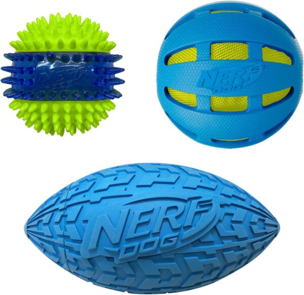 Nerf Dog Three Toy Gift Set: Crunch Ball, Spike LED Squeak Ball, and Squeak Football Gift Set