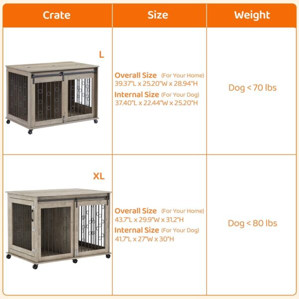 IchbinGo Dog Crate Furniture with Sliding Barn Door, 39" Wooden Dog Kennel End Table with Wheels and Flip-top Plate Dog House with Detachable Divider for Small/Medium/Large Dog (Rustic Grey) - Image 7