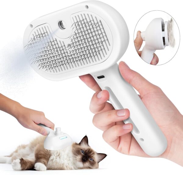 Cat Steam Brush, 3 In 1 Steamy Pet Brush with Release Button and Tank, Anti-Static Cat Steamy Brush for Effective Hair Removal, Rechargeable Steam Cat Brush for Furry Pet