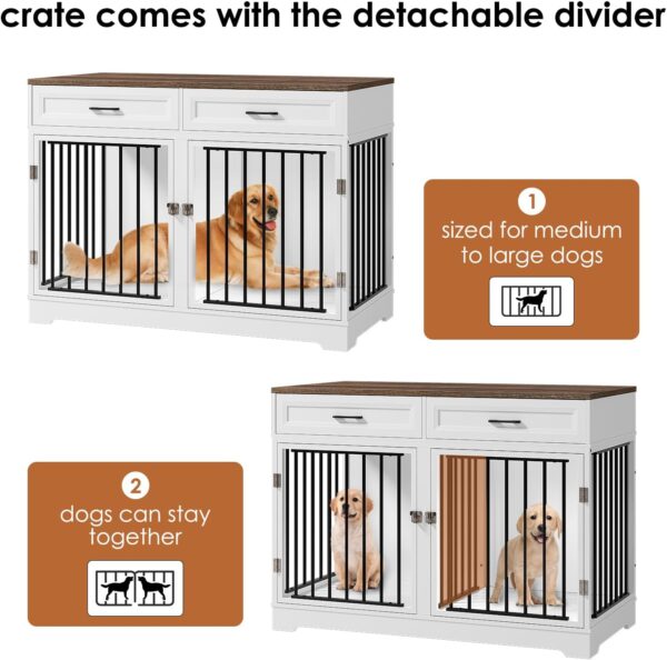 Dog Crate Furniture 47" Wooden Dog Kennels for Dogs Indoor with a Removable Divider for Large/Medium/Small Dogs, 2 Storage Drawers and Large Tabletop Dog Cages Double Doors Dog House, White - Image 2