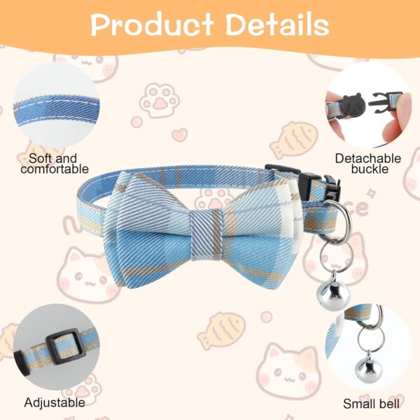 2Pcs Cat Collar Breakaway, Cat Collar with Bells Bowtie Plaid Cat Collar Adjustable for Kitten Puppy and Small Pets (Blue and white plaid) - Image 3