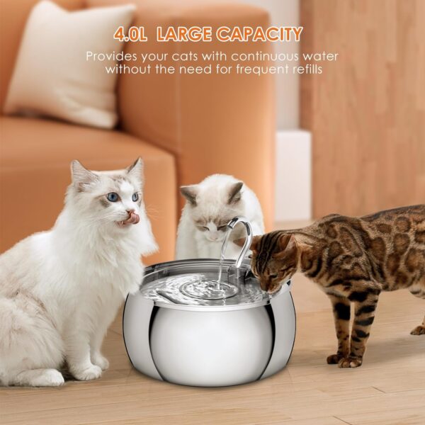 Cat Water Fountain Stainless Steel 4.0L/1.1Gal Cat Fountain for Drinking,Pet Water Fountain for Cats Indoor,Ultra-Quiet Pump,Multi-Filter System,Dishwasher Safe,Ideal for Multiple Pets - Image 3