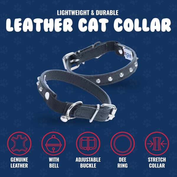 Studded Cat Collar, Genuine Leather Kitten Collar, Sturdy Breakaway Cat Collar, Water-Resistant Cat Collar with Bell & Elastic Stretch, Midnight Black, 10 x 1/2 inches - Angel Pet Supplies - Image 3