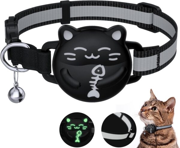 Waterproof Airtag Cat Collar, Breakaway Cat Collars with Luminous & Reflective Strap for Apple Air tag, Kitten Safety Elastic Band, Lightweight Hidden GPS Tracker Holder(Black, 9"-14")