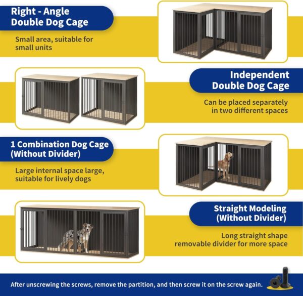 Dog Crate Furniture for 2 Dogs, 80.7" Large Dog Kennel Furniture with Dividers and Double Doors, All Steel Frame Double Dog Crate, 43.3" L X 23.6" W X 31.5" H, 37.4" L X 23.6" W X 31.5" H (Black Gray) - Image 2