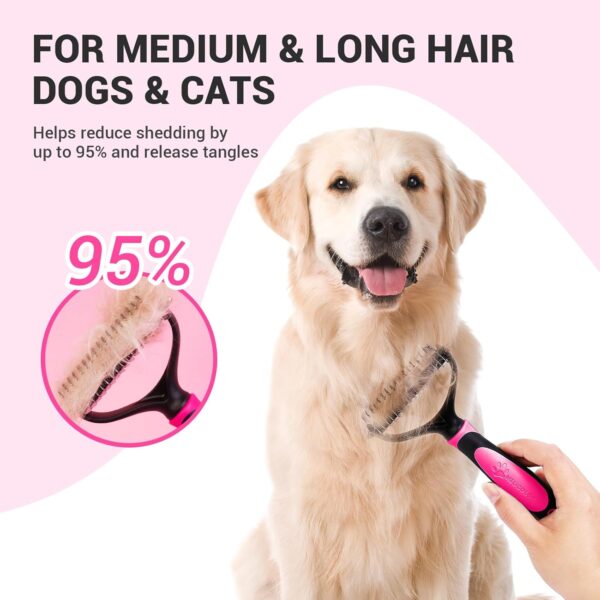 MIU COLOR Pet Grooming Brush, 2 Sided Undercoat Rake for Dogs & Cats, Professional Deshedding Brush and Dematting Tool, Effective Removing Knots, Mats, Tangles for Cats, Dogs, Extra Wide (Pink) - Image 3