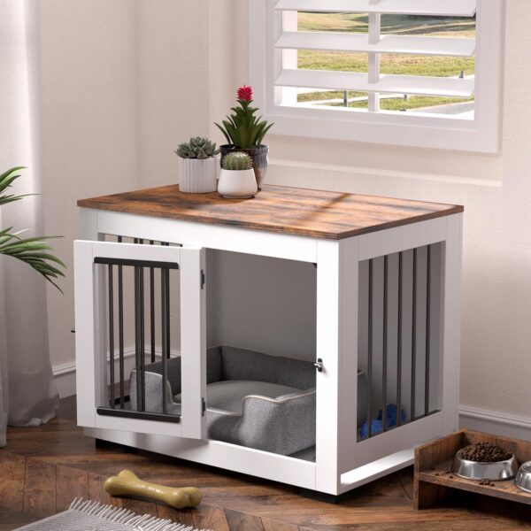 White Dog Crate Furniture for Medium Dogs Up to 40 lbs. - Decorative Puppy Kennel w/Wide Farmhouse Table Top & Steel Bars - 30'' Wide - Modern Dog Crate Table, End Table, Nightstand - Image 3