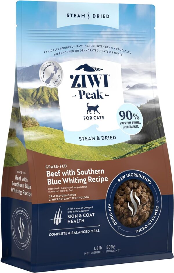 ZIWI Peak Steam & Dried Cat Food – Beef with Southern Blue Whiting Fish Recipe - High Protein, Skin and Coat Health, Low Carb, for All Life Stages (1.8lb)