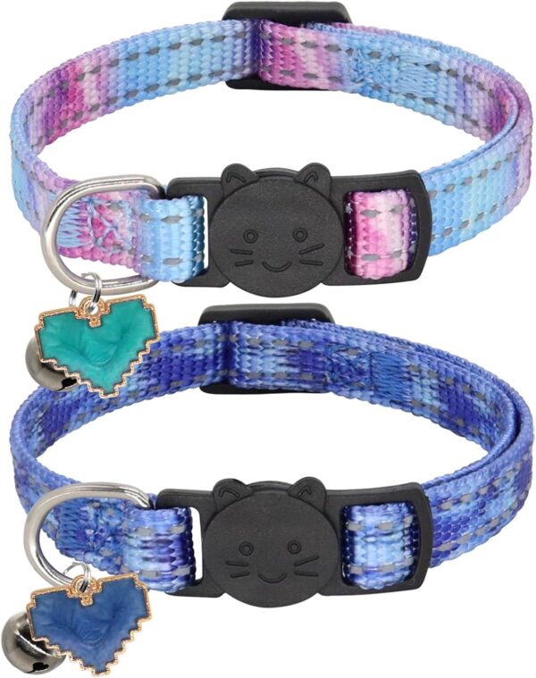 2 Pack Reflective Cat Collar, Breakaway Adjustable Cat Collar with Bells,Safety Buckle Collars for Boys and Girls Cats, Sky+Ocean Heart