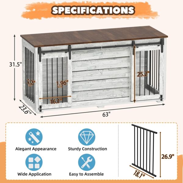 EBE Dog Crate Furniture, 63''Wooden Dog Kennel with Removable Divider and Sliding Door, Dog Crate with Double Rooms, Heavy Duty Dog Crate Table Indoor TV Stand for Small Medium Large Dogs - Image 2