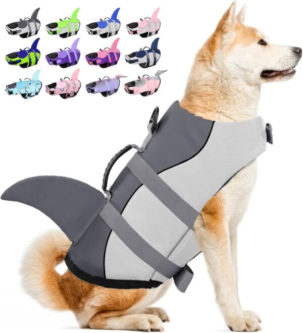 Dog Life Jacket, Large Dog Life Vest for Swimming Boating, Shark Life Jackets for Small Medium Large Dogs, Reflective Dog Lifesaver Life Preserver Swimsuit with Rescue Handle and High Buoyancy