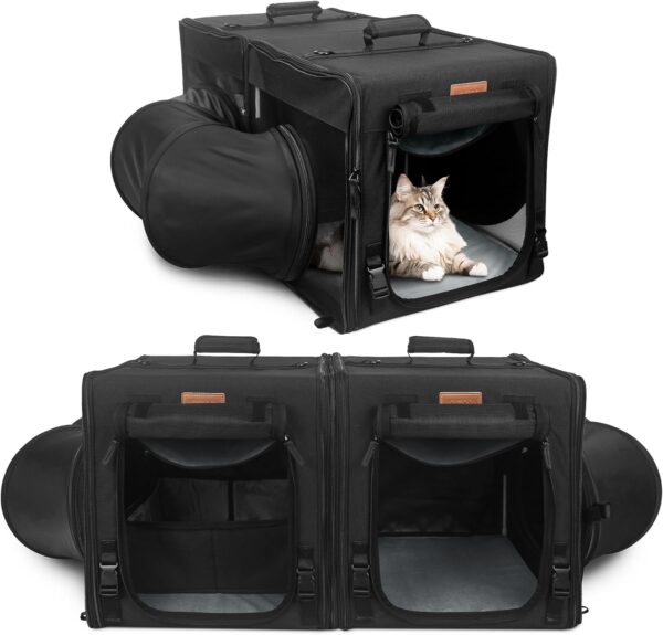 Cat Travel Carrier with Litle Box, Portable 2-in-1 Cat Carrier for 2 Cats, Various DlY Methods Cat Carrier Soft with Tunnel Tube-with Flannel Cushion, Hammock, Protable Tote (Black)