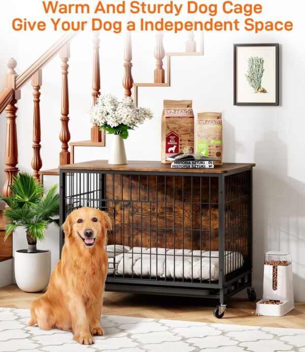 Dog Crate Furniture, 2024 New Furniture Style Dog Crate with Removable Tray and Wheels, Heavy-Duty Double-Doors Dog Cage End Table, 32.5" Wooden Dog Kennel, Indoor Dog House for Large Dogs, Brown - Image 2