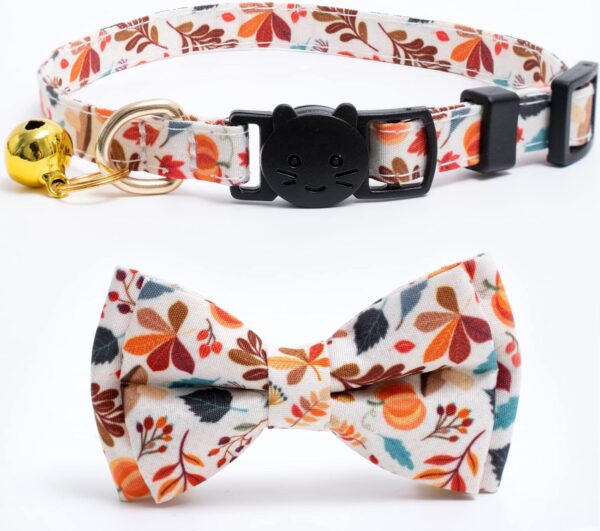 2 Pack Cotton Fall Cats Collar with Bow Tie Orange Green Cat Collars for Girl Female Boy Male Cat Collar with Bell Halloween Collars for Cats - Image 8