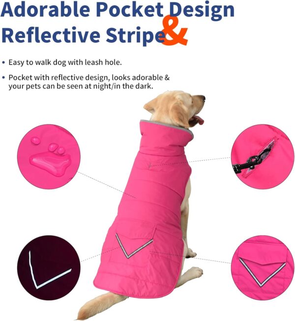 Dog Coat, Waterproof Dog Winter Jacket with Pocket, Reflective Adjustable Dog Snow Vest, Warm Cozy Fleece Sweater for Small Medium Extra Large Dogs - Pink, XS - Image 3