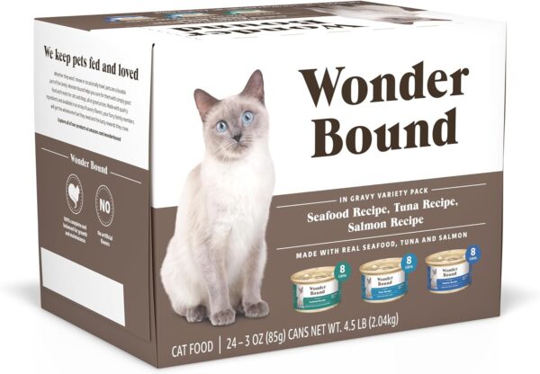 Amazon Brand - Wonder Bound Wet Cat Food, Gravy, Variety Pack (Seafood, Tuna, Salmon), 3 Ounce (Pack of 24)