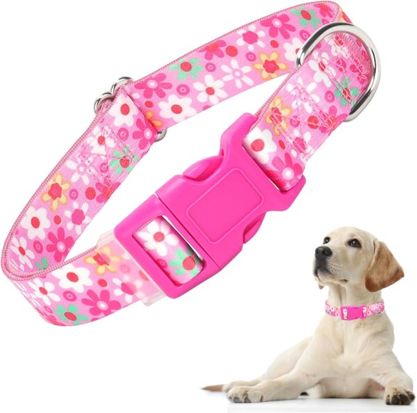 Pink Dog Collar for Girl Dogs, Adjustable Cute Flower Dog Collars, Soft Nylon Collar for Small Medium Large XL Dogs (Floral L)