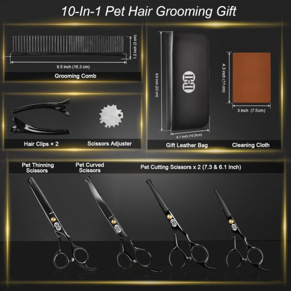 CIICII Dog Grooming Scissors Kit, 10-In-1 Professional Pet Grooming Scissors Set with Safety Round Tip (Dogs/Cat Hair Cutting Trimming Thinning Shears with Curved Scissors) for DIY Home Salon (Black) - Image 7