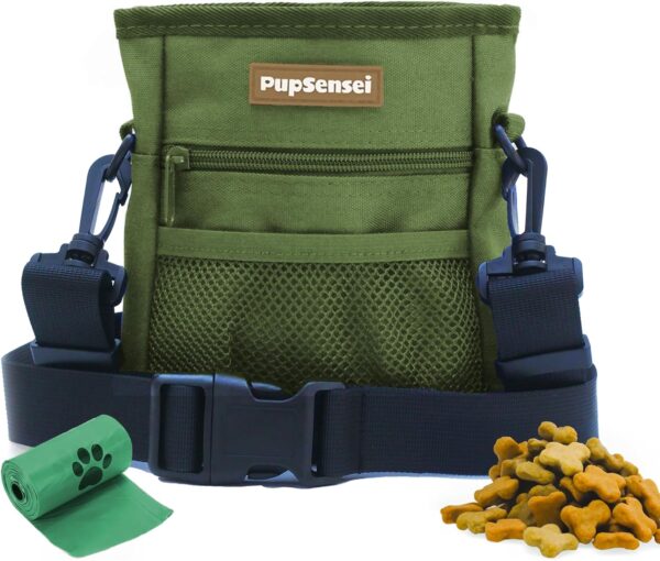 Dog Treat Pouch, Durable Oxford Polyester, No-Spill Magnetic Closure, Treat Pouches for Pet Training with Metal Clip, Waist Belt, Adjustable Strap, Poop Bag Dispenser (Army Green)