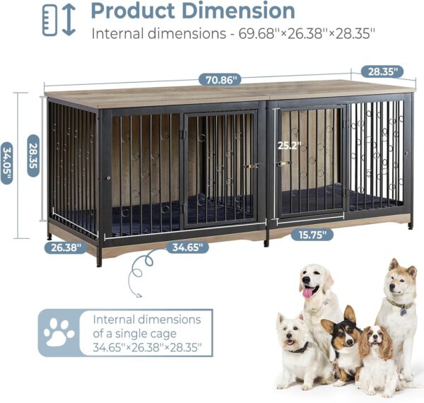 71'' Dog Crate Furniture for 2 Dogs, Wooden Double Dog Crate Large Breed with Cushion, XXL Indoor Dog Kennel TV Stand End Table with Divider for Large Medium Dogs, Grey - Image 7