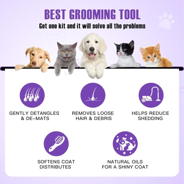 5 in 1 Pet Grooming Kit for Long Short Haired Dogs & Cats. Dog Brush Set for Small & Large Breeds. Gentle Detangling, Smoothing, Relaxation, Tangle Removal & Shedding Control. Purple - Image 5