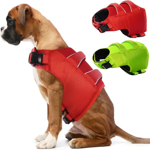 DENTRUN High Visibility Dog Life Jacket, Dog Life Vest for Swimming Boating Puppy Life Preserver Floatation Safety Pool Lake Reflective Float Coat Wetsuit & Rescue Handle for Large Dog, Red