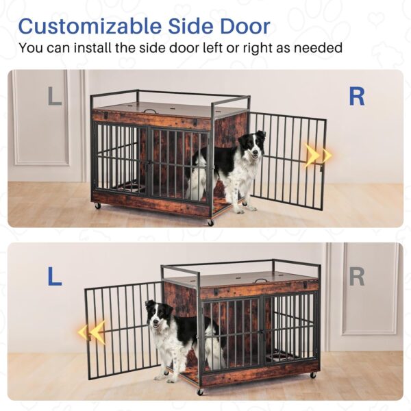 Extra Large Dog Crate Furniture, Dog Crates Furniture for Medium/Large Dogs Indoor, Heavy Duty Dog House with Wheels, Feeder Bowls & Flip Top, Large Dog Crate 43.7" L x 29.9" W x 37.8" H - Image 7