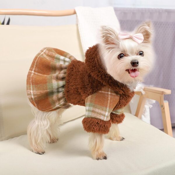 Dog Hoodie Dress Winter Dog Sweaters for Small Dogs Girl Cold Weather Warm Puppy Dresses Pink Plaid Pet Clothes Outfits for Chihuahua Yorkie Teacup Cat Skirt Coat Apparel Clothing (X-Small, Brown) - Image 6