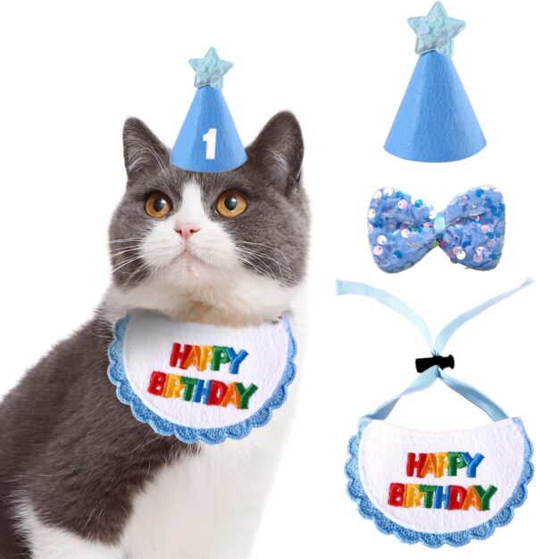 Dog Cat Birthday Party Supplies Outfit Bandana Bib Hat Cute Collar with Bow Tie for Cats Puppy Small Dogs and Rabbits