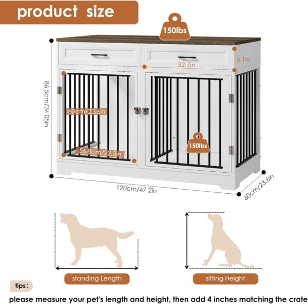 Dog Crate Furniture 47" Wooden Dog Kennels for Dogs Indoor with a Removable Divider for Large/Medium/Small Dogs, 2 Storage Drawers and Large Tabletop Dog Cages Double Doors Dog House, White - Image 7