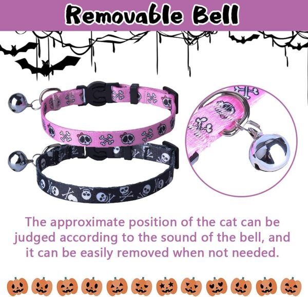 PUPTECK Breakaway Cat Collar with Bell Charm, 2 Packs Adjustable Kitty Collars Pink & Black Skull Pattern, 7.8-11.8 in - Image 4