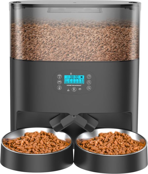 HoneyGuaridan 6L Automatic Cat Feeder for 2 Pets, Pet Food Dispenser for Cat and Dog with Desiccant Box, Timer Feeder Portion Control 1-6 Meals per Day, Dual Power Supply, Voice Recorder Black