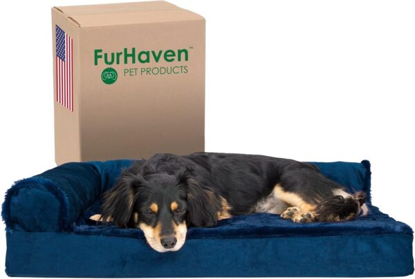 Furhaven Orthopedic Dog Bed for Medium/Small Dogs w/ Removable Bolsters & Washable Cover, For Dogs Up to 35 lbs - Plush & Velvet L Shaped Chaise - Deep Sapphire, Medium