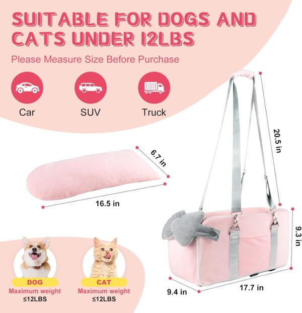 Center Console Dog Car Seat for Small Dogs Under 12lbs, Portable Middle Console Dog Booster Seat, Detachable Armrest Puppy Seat with Storage Pockets, Butterfly Pillow and Safety Leash(Pink) - Image 2